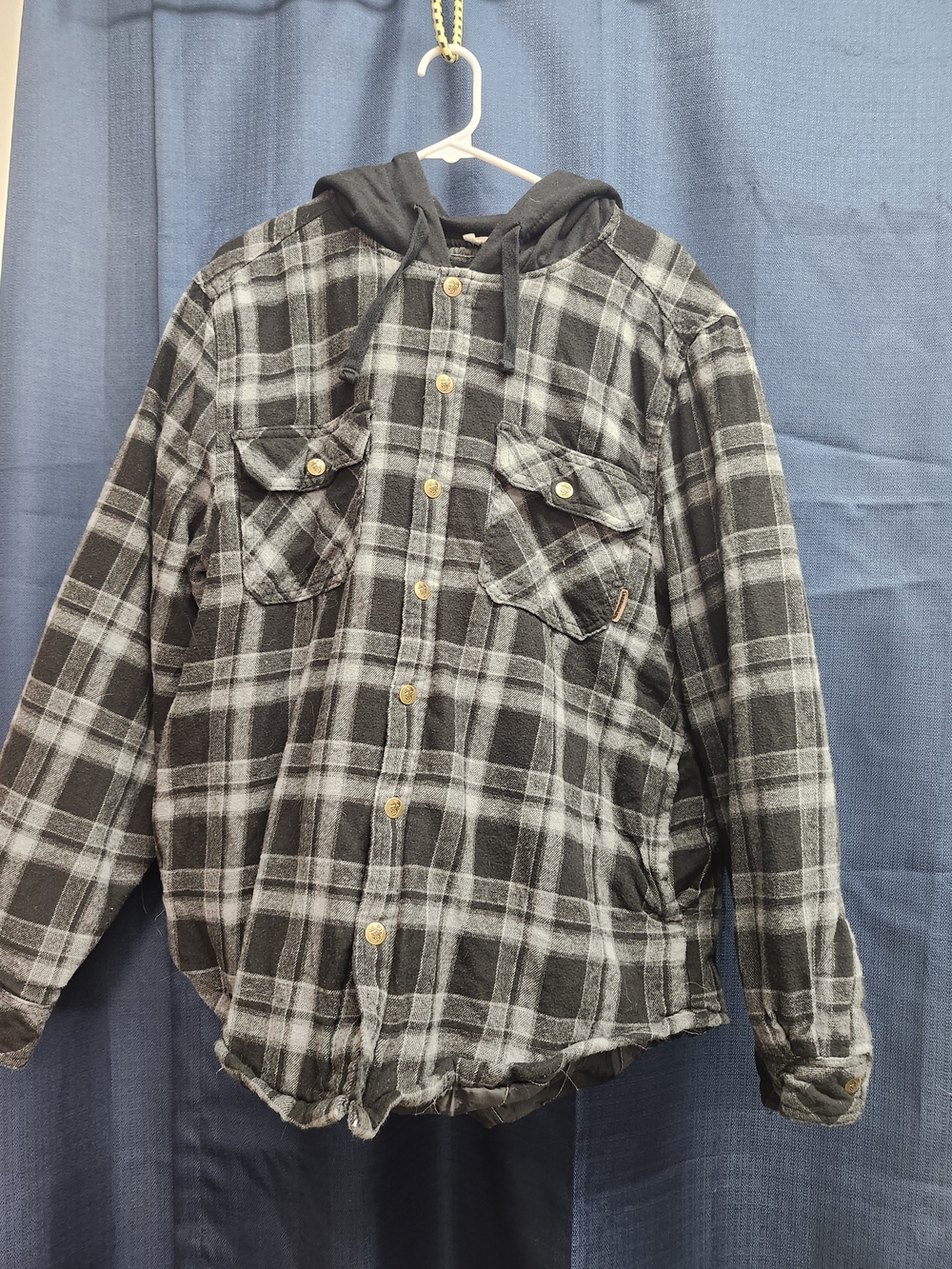 & Other Stories Men's Black and Gray Plaid Hooded Shirt Jacket
